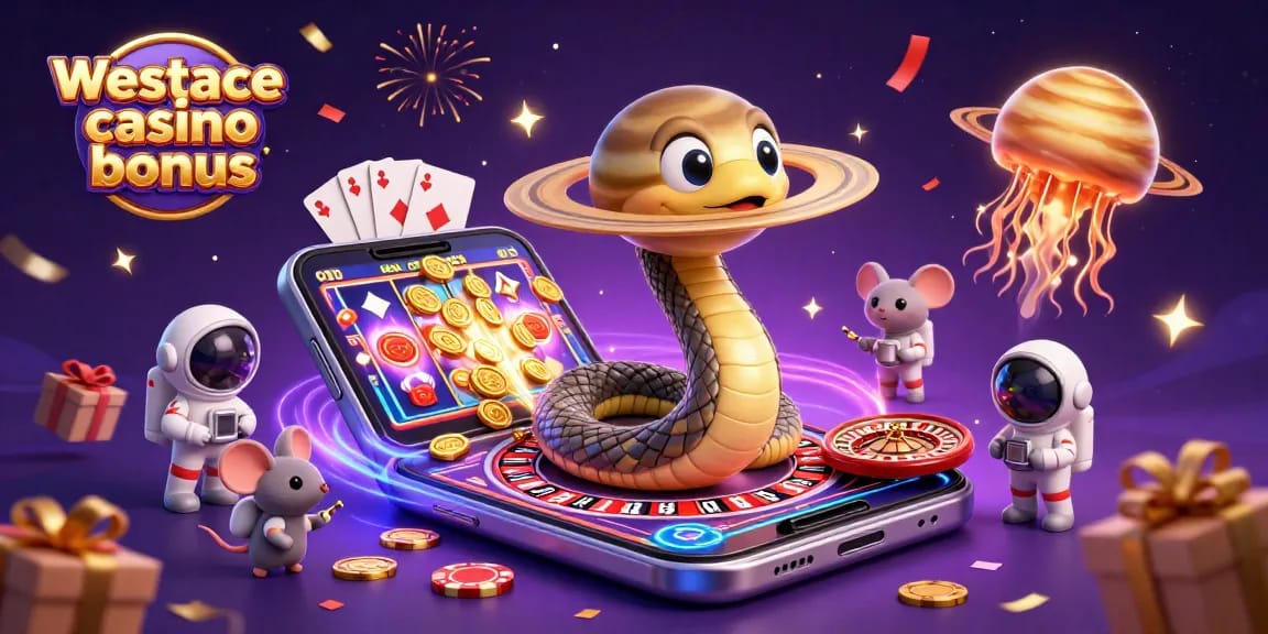 Profitez du bonus WestAce Casino avec des astronautes pariant et célébrant des gains dans un décor cosmique dynamique.