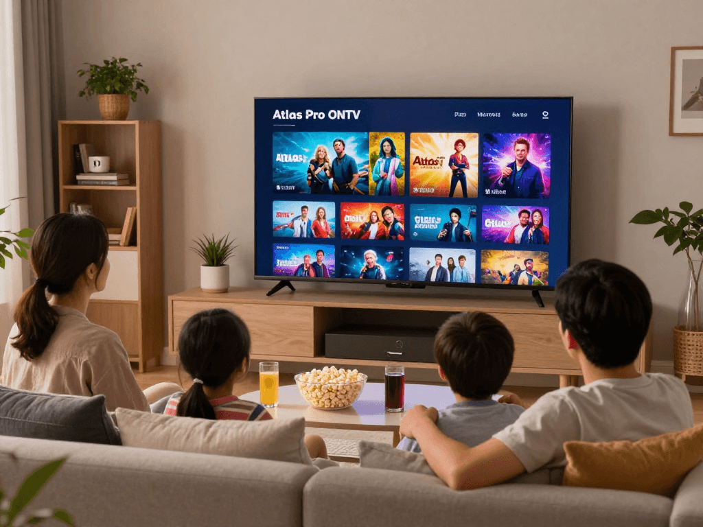 Famille profitant du service Atlas Pro, regardant des films ensemble dans un salon moderne.