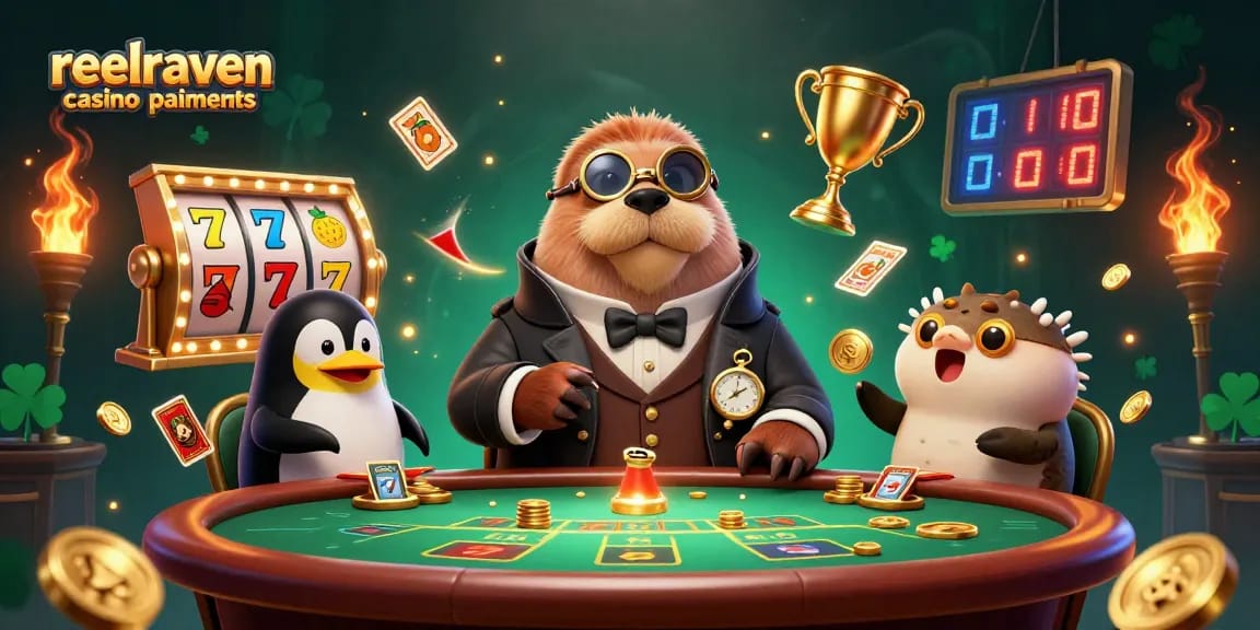 Découvrez les paiements aux casinos ReelRaven avec un personnage cartoon et des éléments de jeu captivants.
