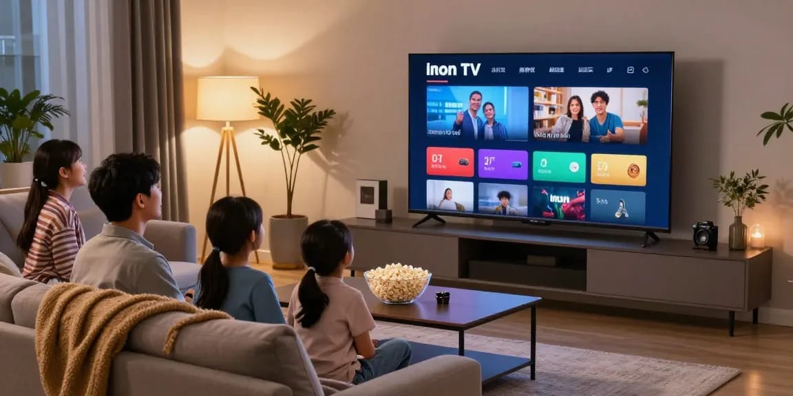 Iron TV en streaming dans un salon moderne avec une famille profitant d'une soirée cinéma.