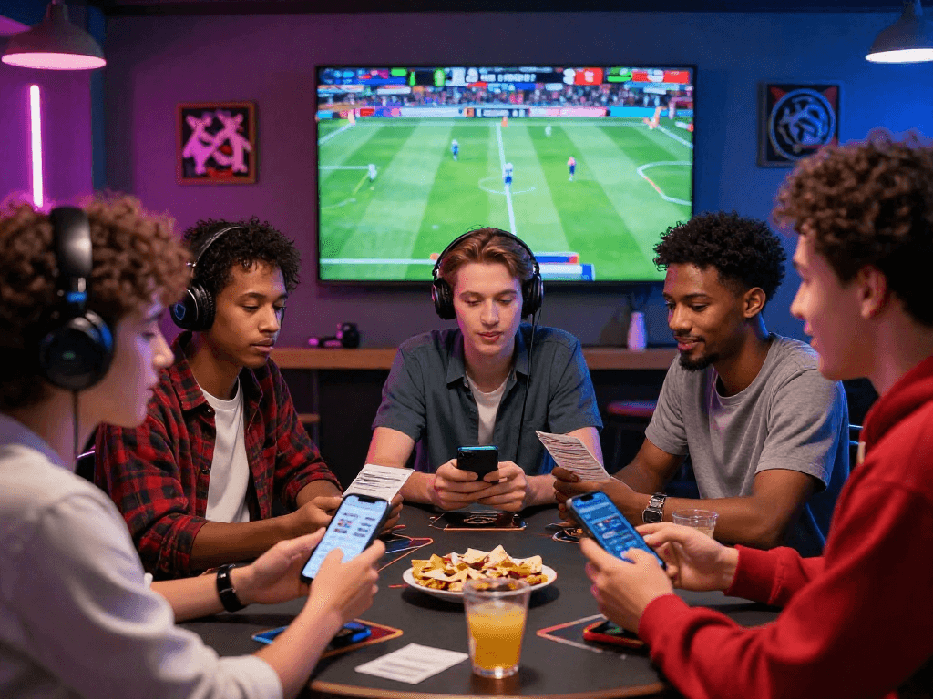 paris sportif crypto - Enthousiastes des paris réunis autour d'un grand écran avec des événements sportifs, smartphones en main montrant des portefeuilles crypto.