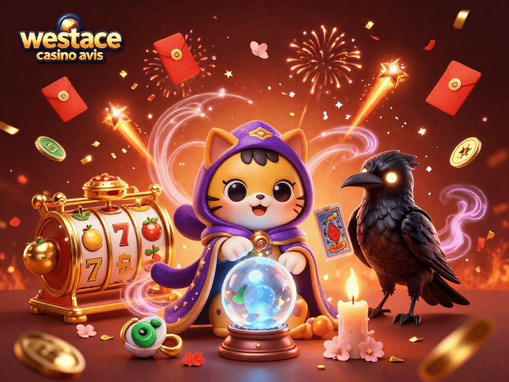 Évaluez westace casino avis avec des personnages mystiques du casino et des éléments de jeu en 3D.