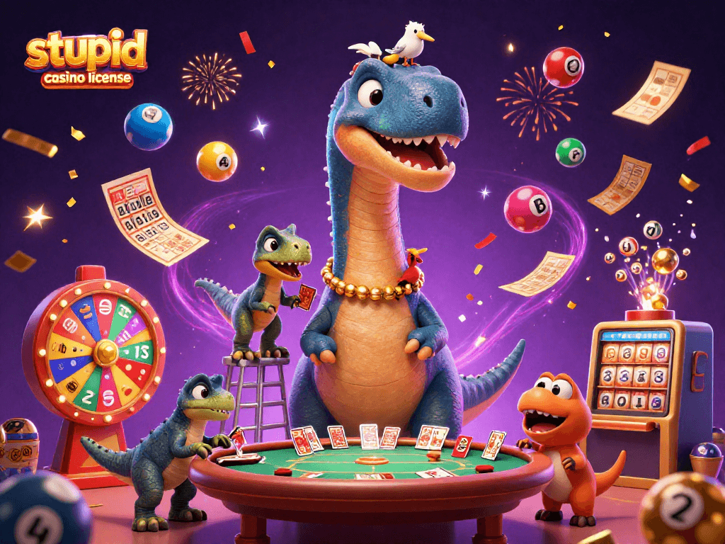 Promotion de la licence du Stupid Casino avec des éléments de loterie et de jeu animés pour attirer les joueurs.