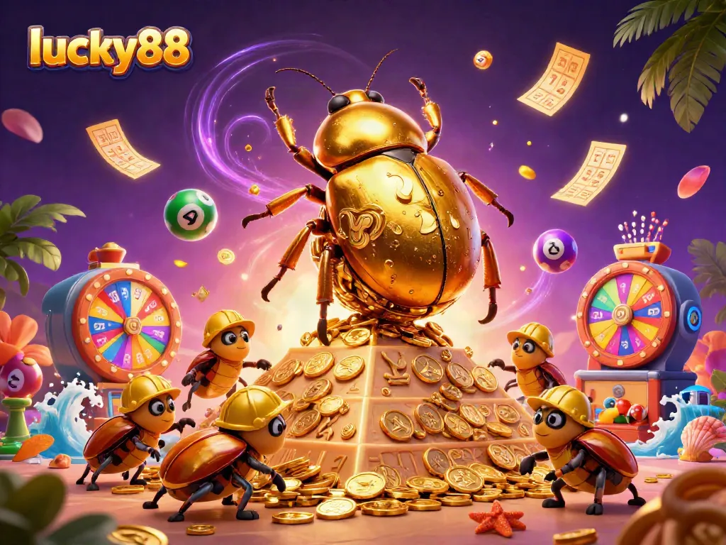 Join the adventure with lucky88 as golden beetles roll in a vibrant casino themed world.