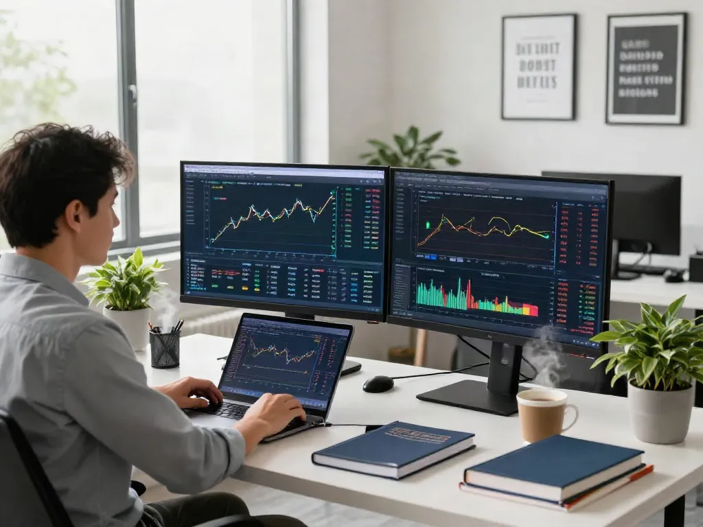 Analyse de marché sur la plateforme la-couponeau.com avec un utilisateur engagé, écrans montrant des données de trading.