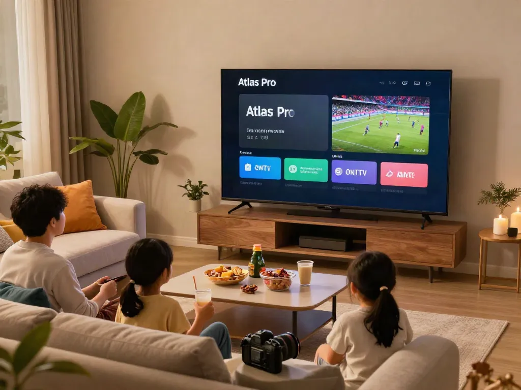 Un salon moderne avec la télévision affichant l'interface d'Atlas Pro ONTV, une ambiance chaleureuse de divertissement familial.