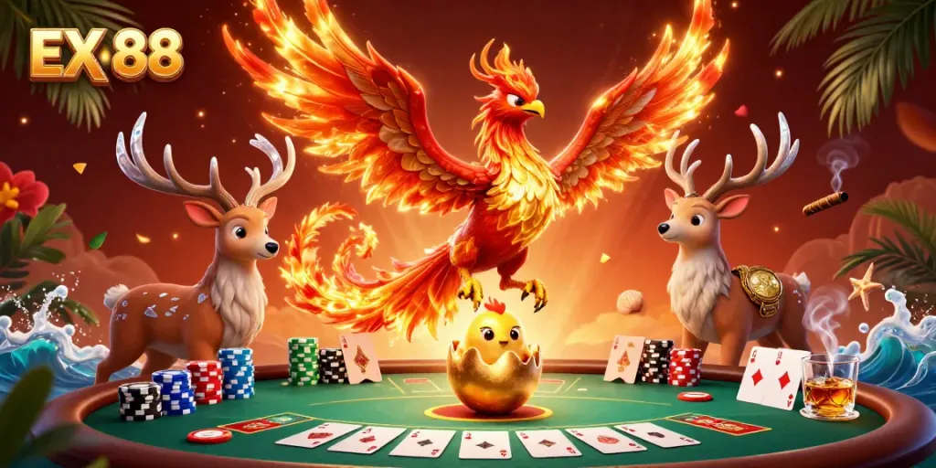 EX 88 showcases a lively casino scene featuring a phoenix and poker elements in vivid detail.