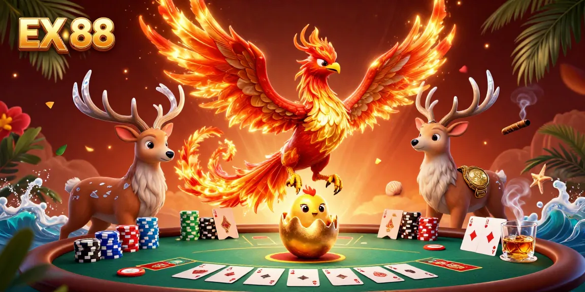 EX 88 showcases a lively casino scene featuring a phoenix and poker elements in vivid detail.