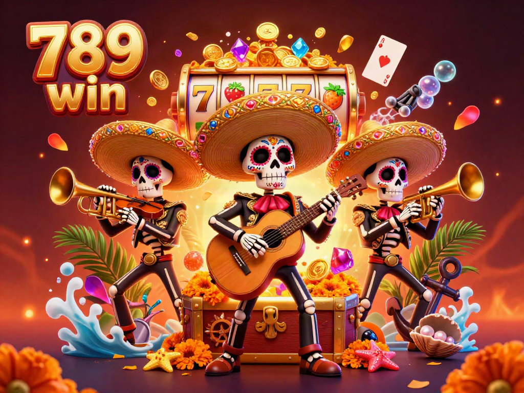 Play exciting slots and win with 789 win in a vibrant 3D casino scene featuring colorful characters.