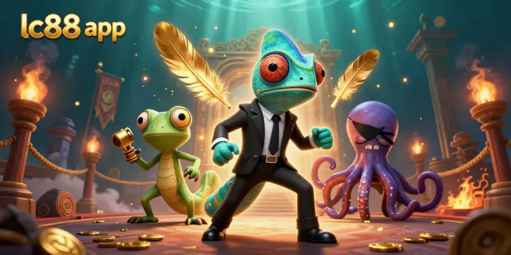 Experience the excitement of gaming with the lc88 app featuring an agent chameleon, tech gecko, and an octopus in a lively casino scene.