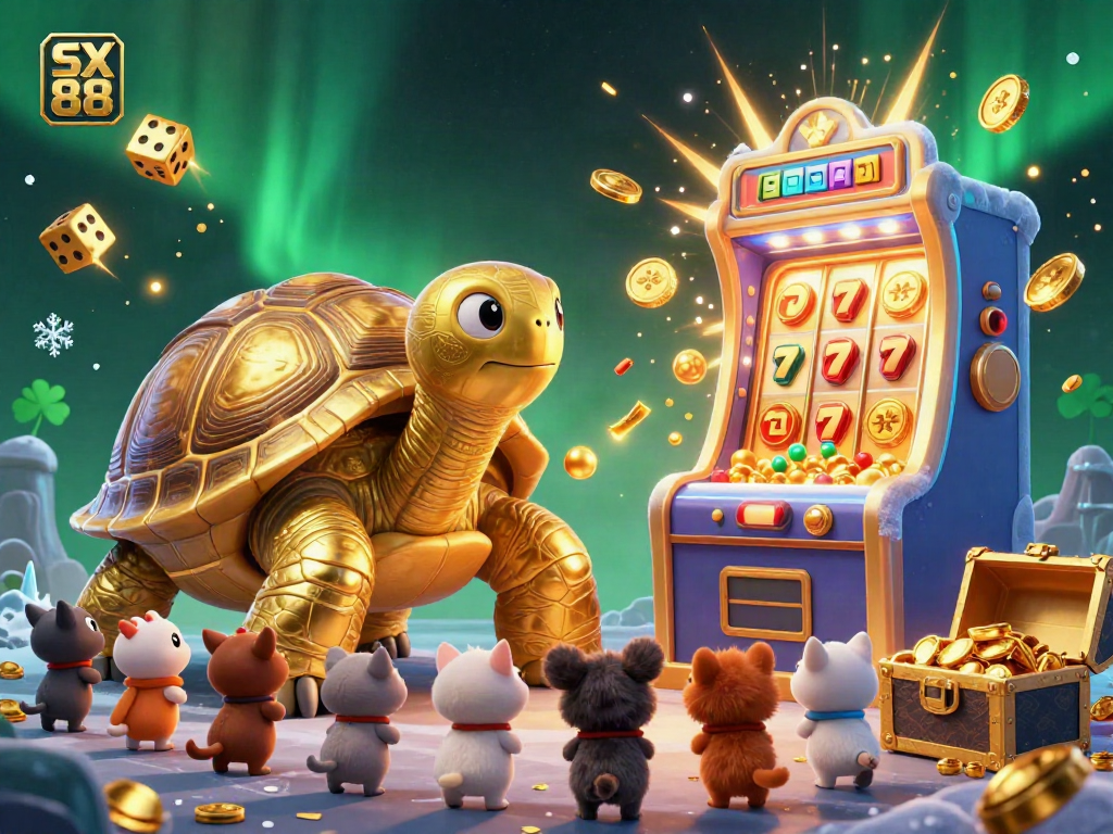 Engage with exciting game dynamics at SX 88, featuring a golden tortoise pinball machine and vibrant casino symbols.