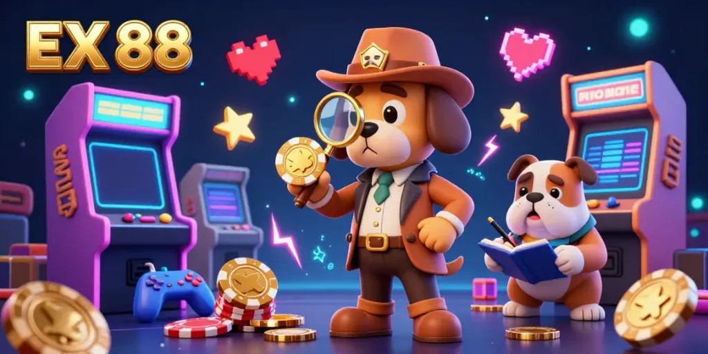 Experience the excitement of EX 88 with a colorful 3D casino scene featuring characters and gaming elements.
