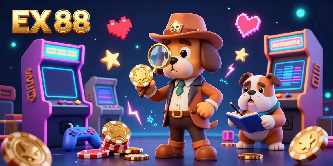 Experience the excitement of EX 88 with a colorful 3D casino scene featuring characters and gaming elements.