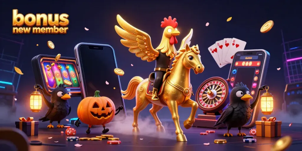 Experience the excitement of the bonus new member offer in a vibrant casino scene featuring animated characters.