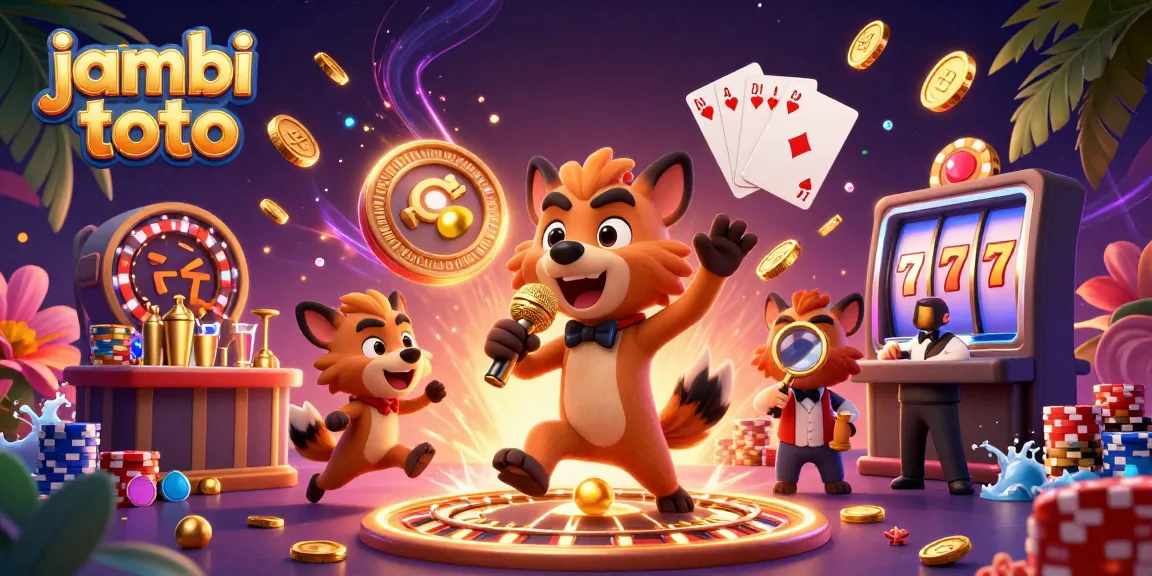 Experience the excitement of jambi toto with a dynamic 3D casino scene featuring lively hyena characters and casino elements.