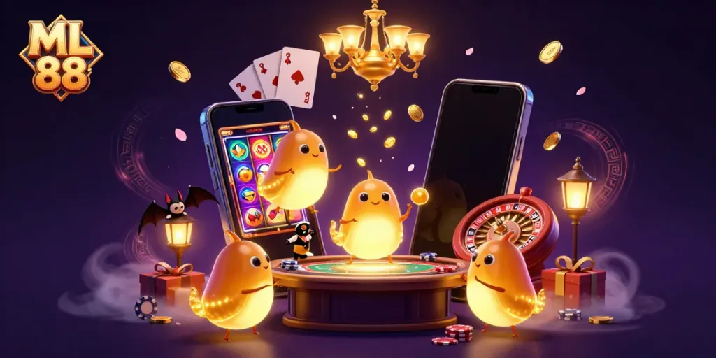 Experience thrilling gameplay at ML 88 with colorful casino elements and a glowworm team lighting the atmosphere.