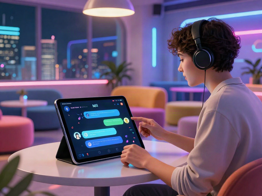 Interactive NSFW AI chat experience with user engaging on a tablet in modern setting.