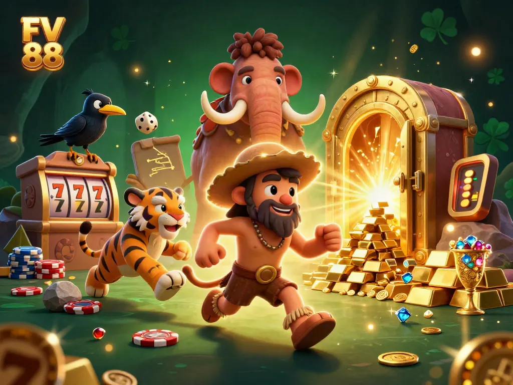 Experience the thrilling gameplay of FV 88 with engaging slot reels and a dynamic casino scene.