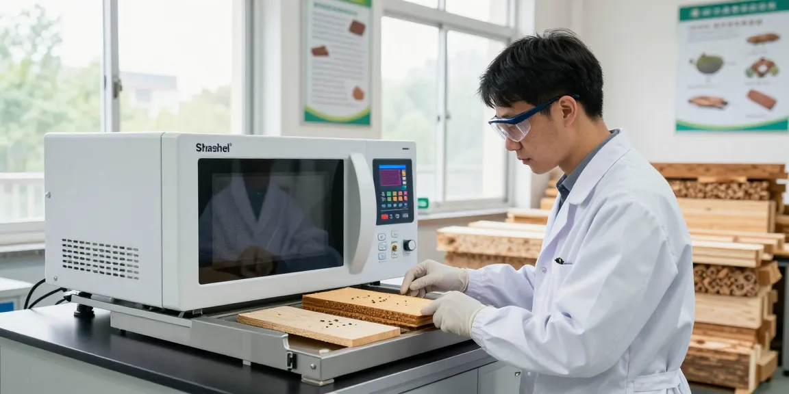 Traitement sans produits chimiques avec Shashel® dans un laboratoire moderne, technicien inspectant des échantillons de bois.