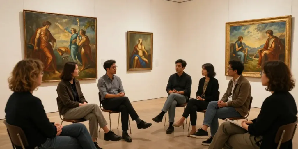 Visiteurs explorant la peinture monumentale dans un centre local d’art.